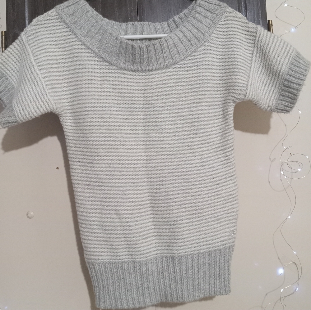 Gray and White Striped Short Sleeve Sweater